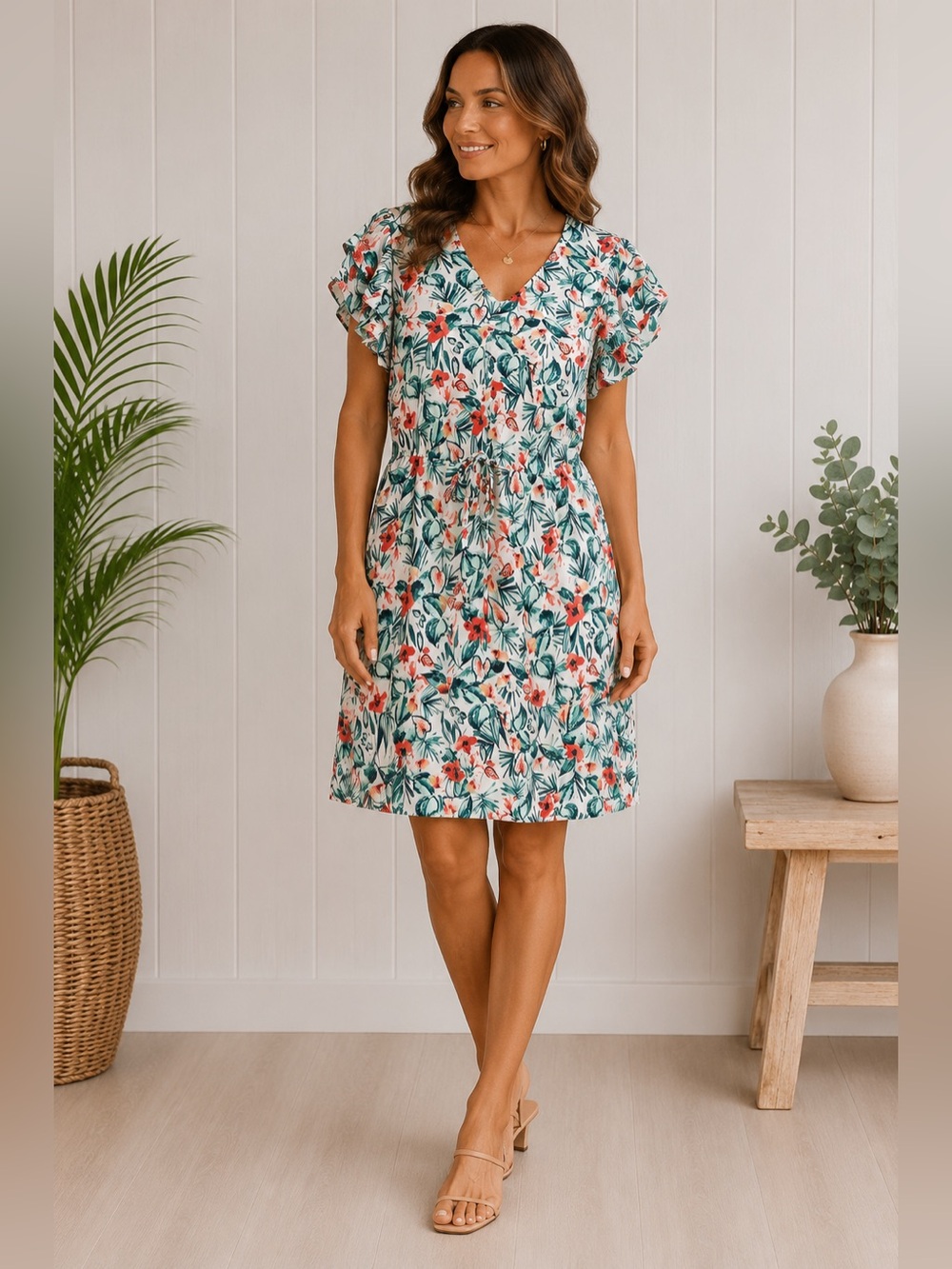 Romantic Botanical Mini Dress Floral Ruffle Sleeve Tropical Botanical Medium